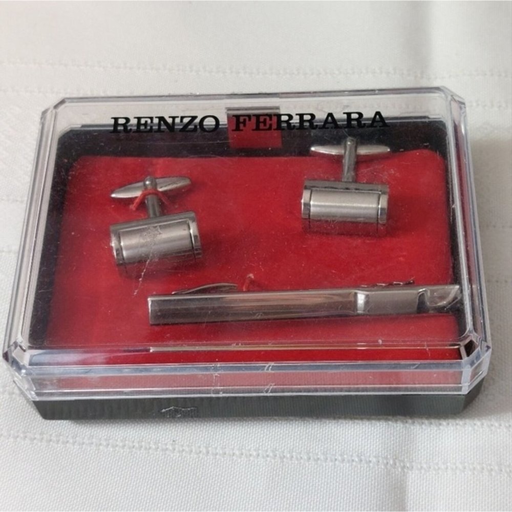 * Renzo Ferrara Silvertone Cufflinks and Tie Bar Clip 3 Piece Set in Box